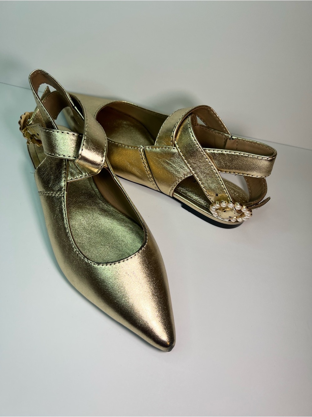 Free People Metallic Gold Pointed Mary Jane Flats with Pearl Accent
